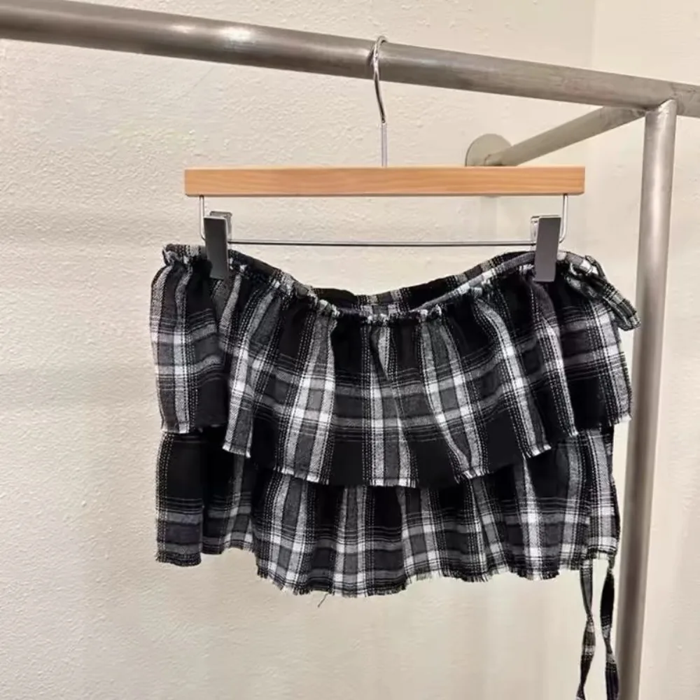 

Hip-hop Layer Outfits Plaid Skirt Shirt Extender Sweet Lace Up Hip Scarf Y2K Korean Style Ruffled Edge Waistband