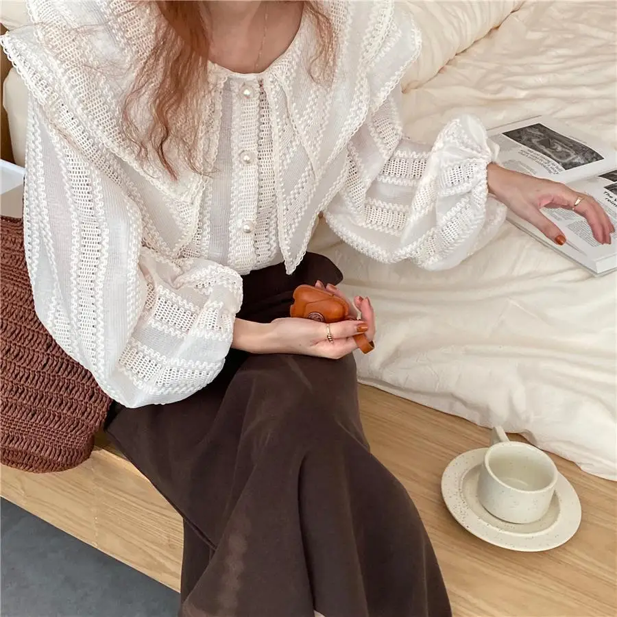 Spring and Summer New Gentle Design Fashion Flip Collar Unique Shirt Loose Lantern Sleeve Shirt Women\'s Top