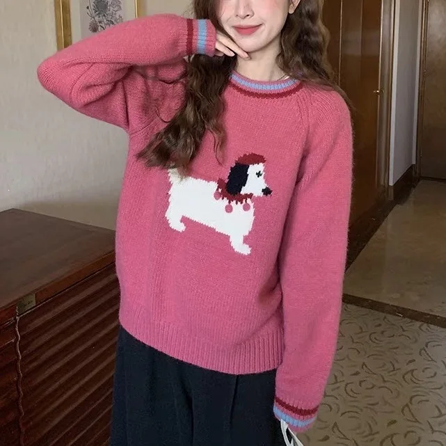 autumn/winter Korean style color-blocking cartoon dog jacquard design knit sweater for women