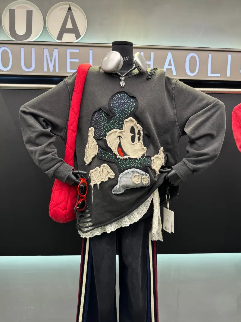 2025 Autumn New Heavy Embroidery Cartoon Crew Neck Sweatshirt Jacket For Women's Loose Design Pullover Coat Sudaderas De Mujer