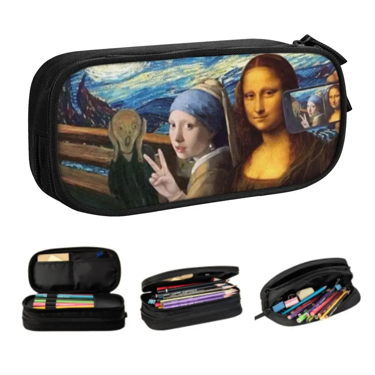 

Korean Starry Night By Mona Lisa And Vincent Van Gogh Pencil Cases for Art Painting Large Storage Pen Box Bag School Supplies