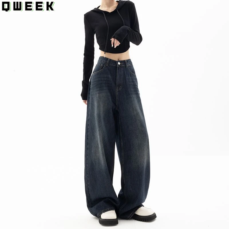 QWEEK Vintage High Waist Jeans Women Y2k Harajuku Loose Korean Fashion Wide Leg Pants Oversized Straight Casual Denim Trousers