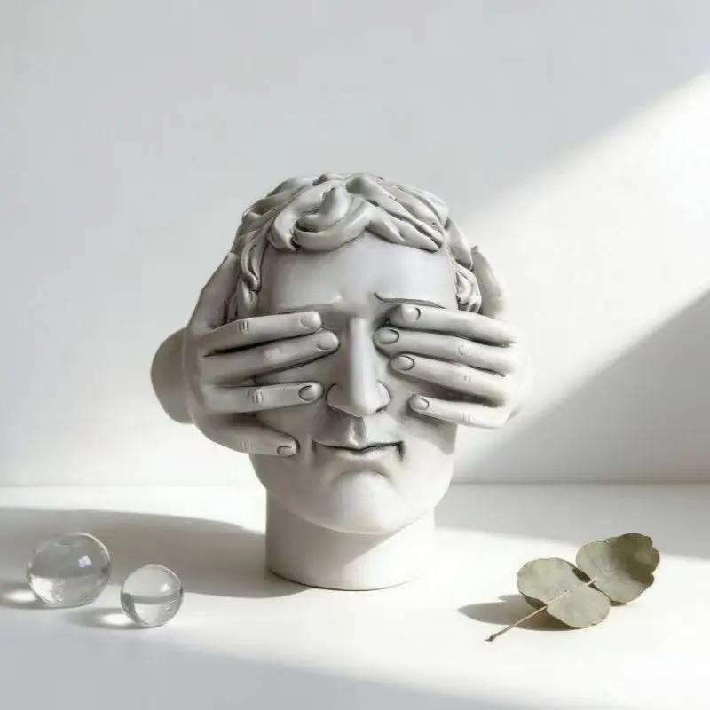 Abstract Cover Eyes Man Head Resin Statue Minimalist Nordic Bust Sculpture Modern Aesthetic Desktop Figurine Home Tabletop Decor