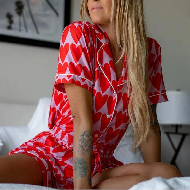 hirigin Women Valentine's Day Pajama Sets Short Sleeve Lapel Button Up Hearts Print Shirts Tops Shorts Night Sleepwear Sets 2025