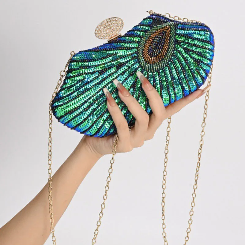 Evening Bag For Women Sequins Beading Peacock Green Clutch Handbags Purse Fashion Banquet Party Female Crossbody Shoulder Bag