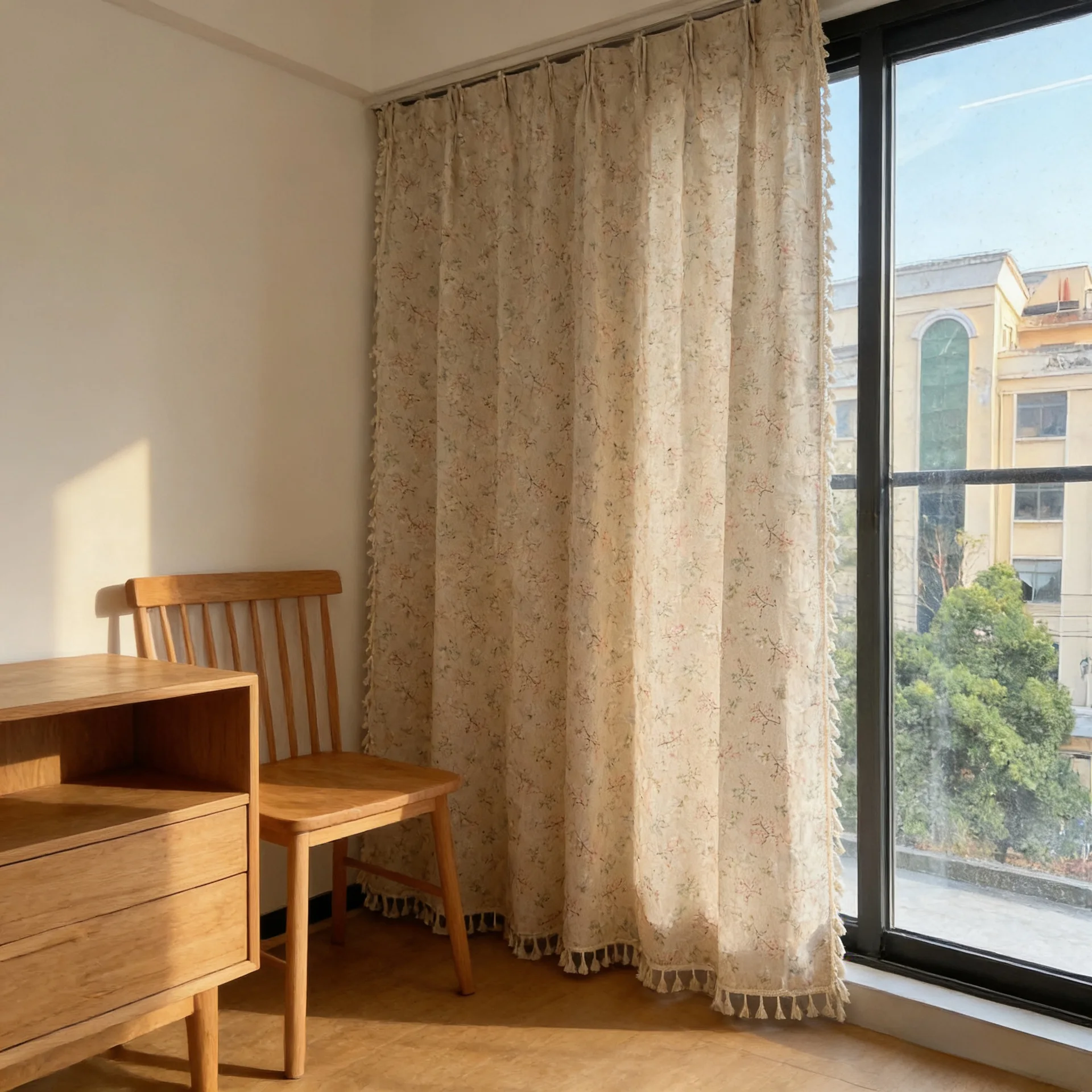 The curtains with a floral pattern and tassel lace are semi-blackout fabric for the living room decorative cortinas