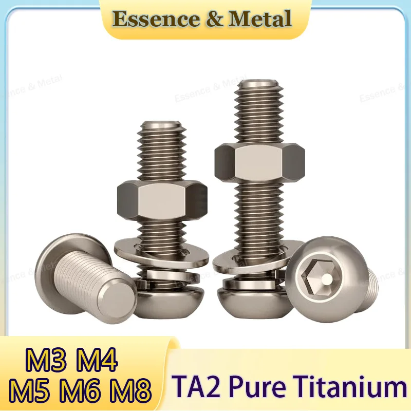 10/20PCS TA2 Pure Titanium Bolt M3 M4 M5 M6 M8 Hexagon Socket Screw + Hexagon Nut + Elastic Washer + Flat Washer Combination Set