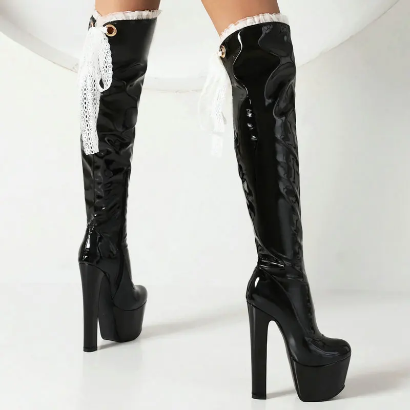 Patent Leather Sexy Stripper Club Extreme High Heels Platform Womens Overknees Thigh Long Over-the-knee Boots With Lace Ruffles