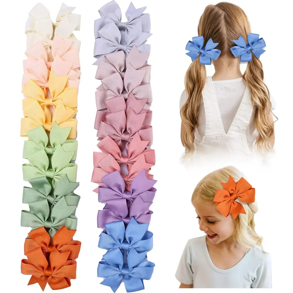 24Pc Girls Solid Color Bow Hair Clips Fully Lined Colorful Ribbon Bow Hair Clips Cute Bangs Clips Kids Baby Hair Accessories