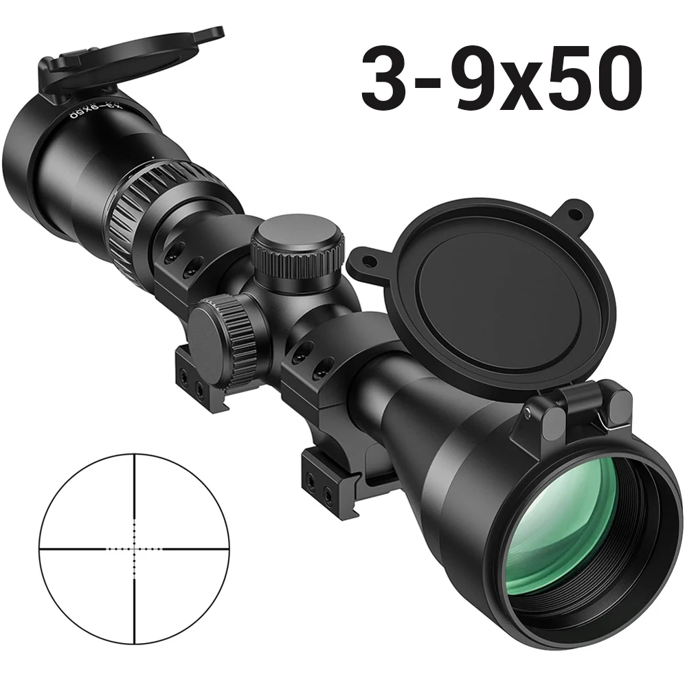 3-9x50 Rifle Scope Mil-dot Reticle Optics Hunting Riflescope with 11/20mm Scope Mounts Second Focal Plane Hunting Optics