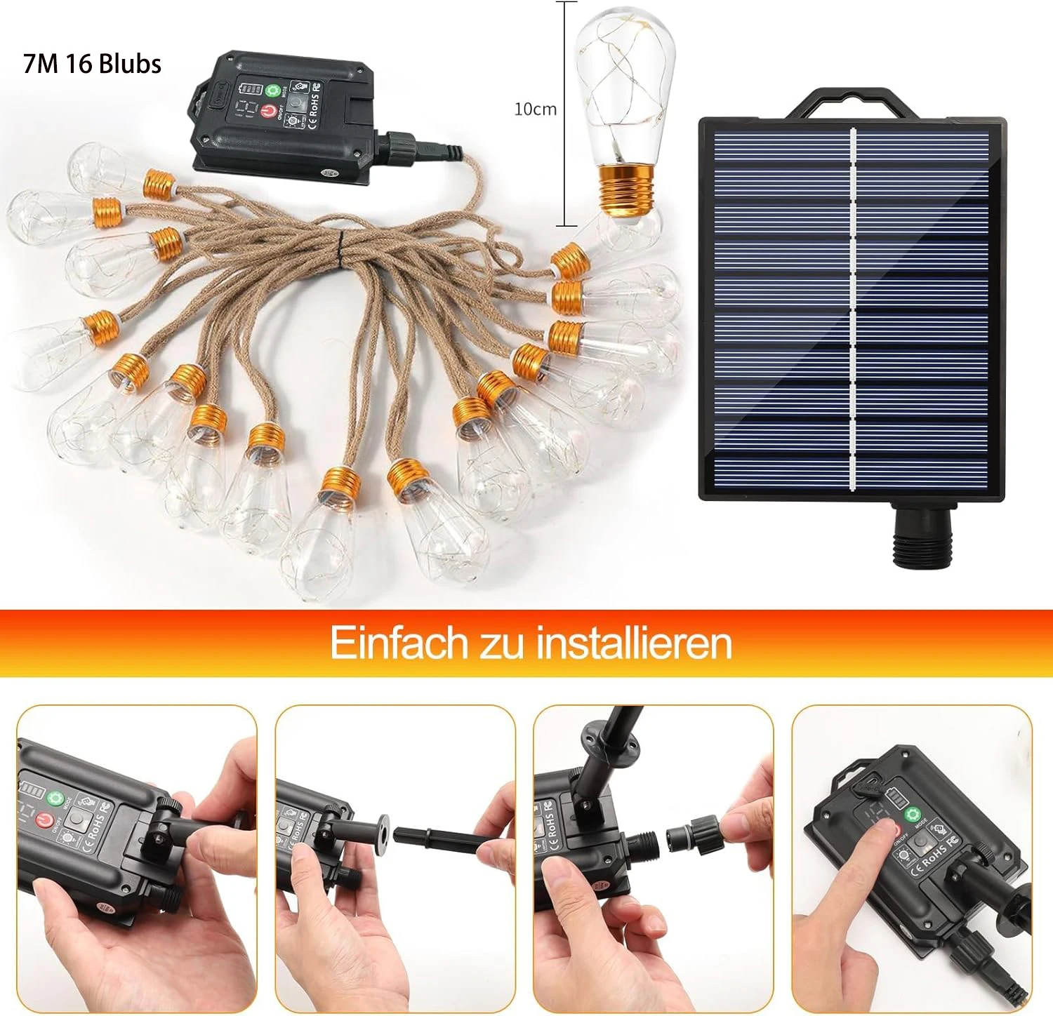 7m Solar String Light Outdoor With 16 Shatterproof Bulbs Vintage Hemp Rope Waterproof LED Patio Lamp Tent Garden Christmas Decor