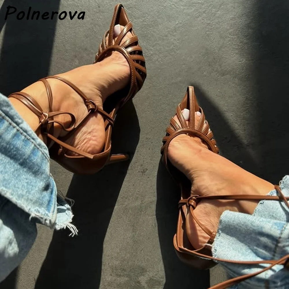 

Brown Caged Lace Up Sandals Thin Heels Pointed Toe Stiletto Gladiator Sandals Party Dress Shoes Solid Summer Women Concise Shoes
