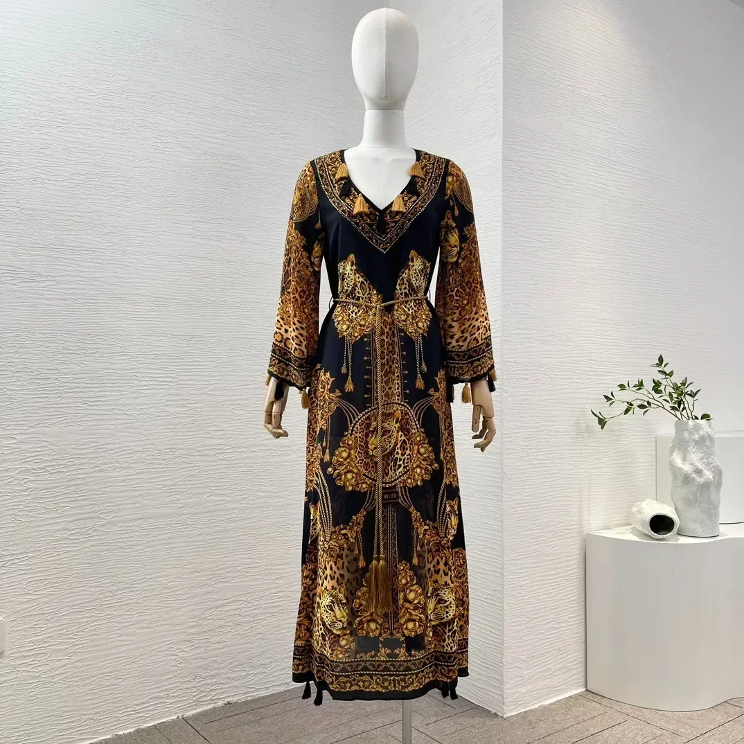 Silk Black Golden Leopard Tiger Animals Print Long Sleeve Tassels Diamonds Pressed V-Neck Side Slit Midi Dress 2024 New Clothing