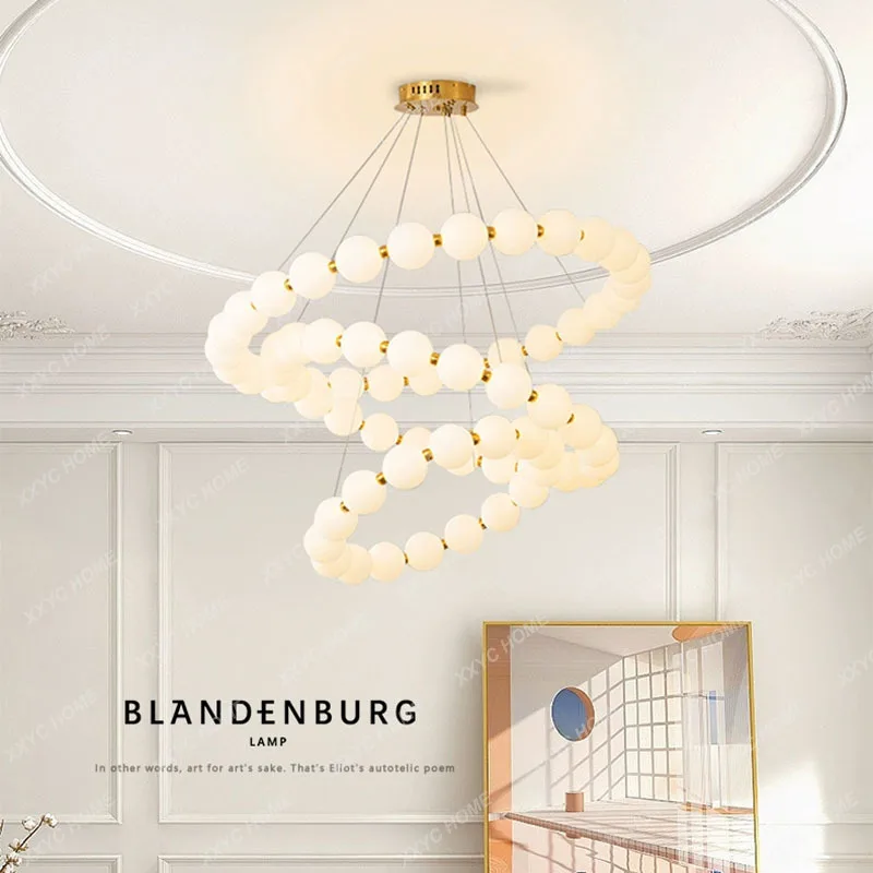 

Nordic Cream Wind Magic Bean Chandelier Light Luxury Bedroom Light Empty Duplex Building Living Room Ring Buddha Bead Chandelier