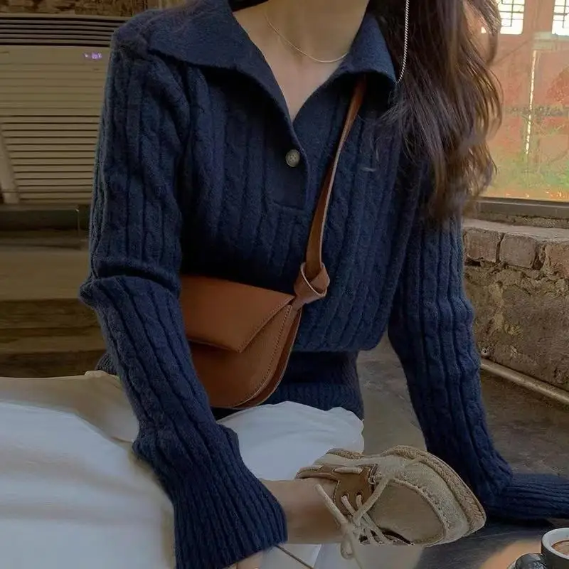 Langarm Casual Umlegekragen Leinen Muster Design Lose Vielseitige Pullover Koreanische Chic Herbst Winter Vintage Strickwaren