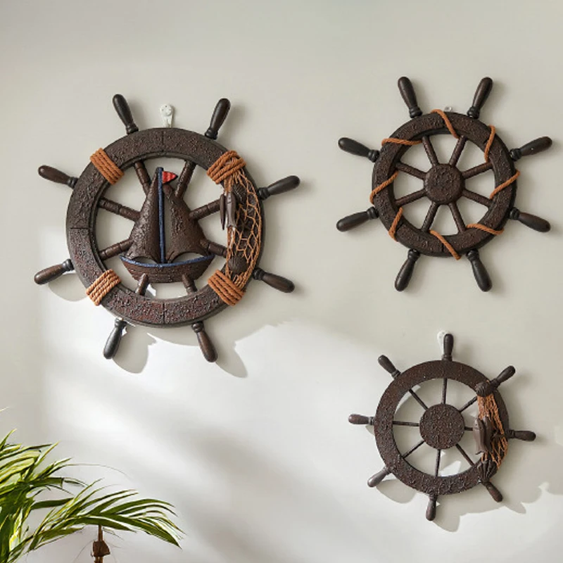 

Wooden Home Decor Rudder Wheel Pirate Ornament Mediterranean Style Retro Handmade Bar Decoration Door Hanging Beach Wall Ship