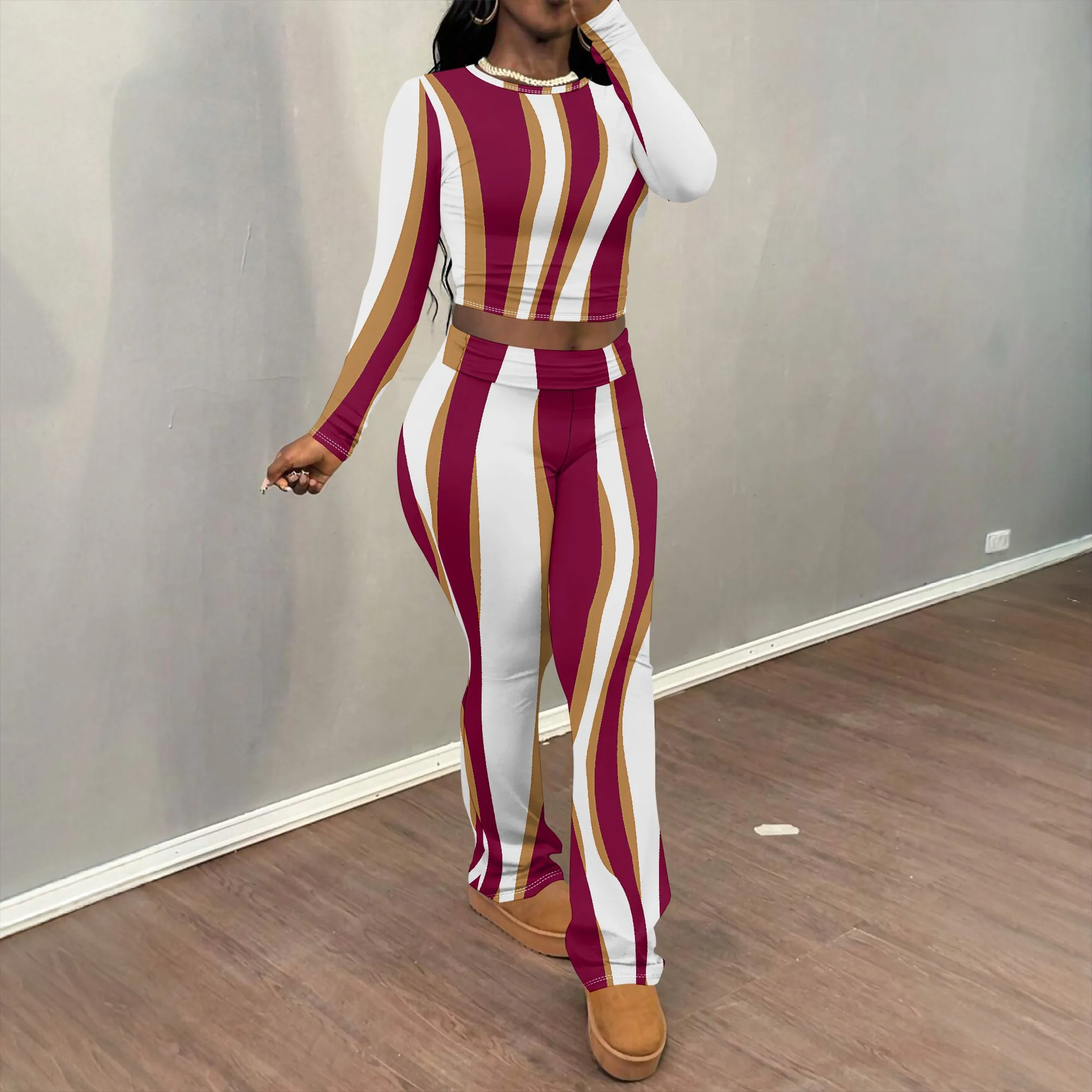 

Women's Long Sleeved Casual FashionPrinted Geometric Stripe Round Neck Two-Piece Set