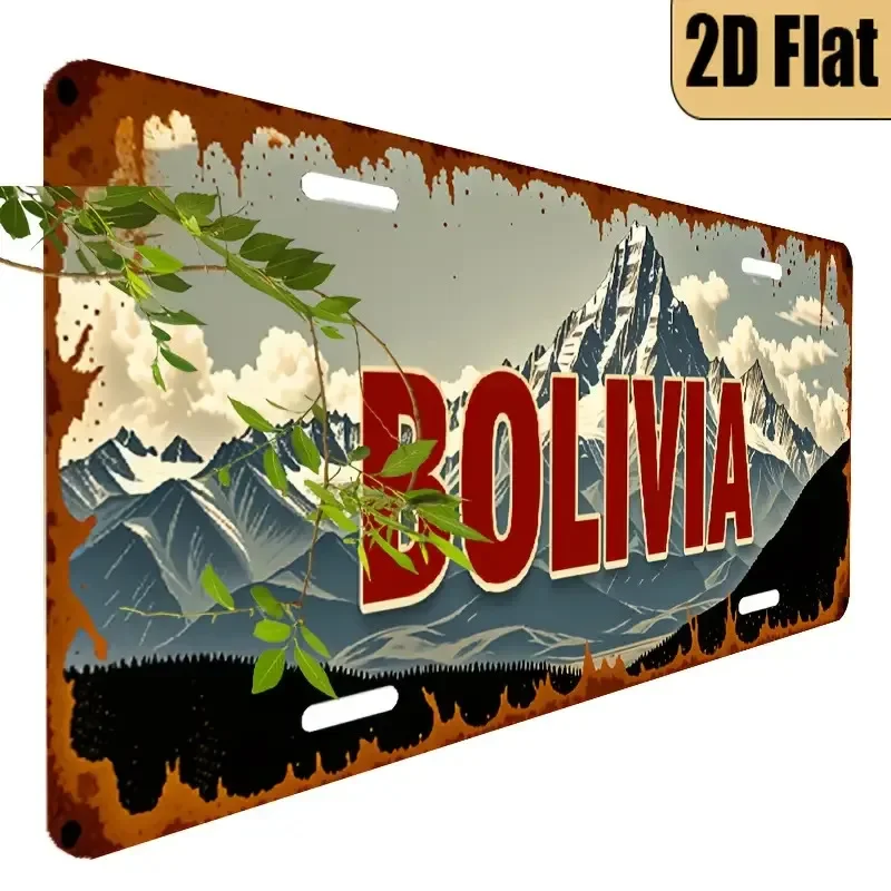 Vintage Bolivia Mountain Landscape License Plate 2D Flat Aluminum Tin Sign Wall Art Decor for Garage Bar Man Cave and Car Front