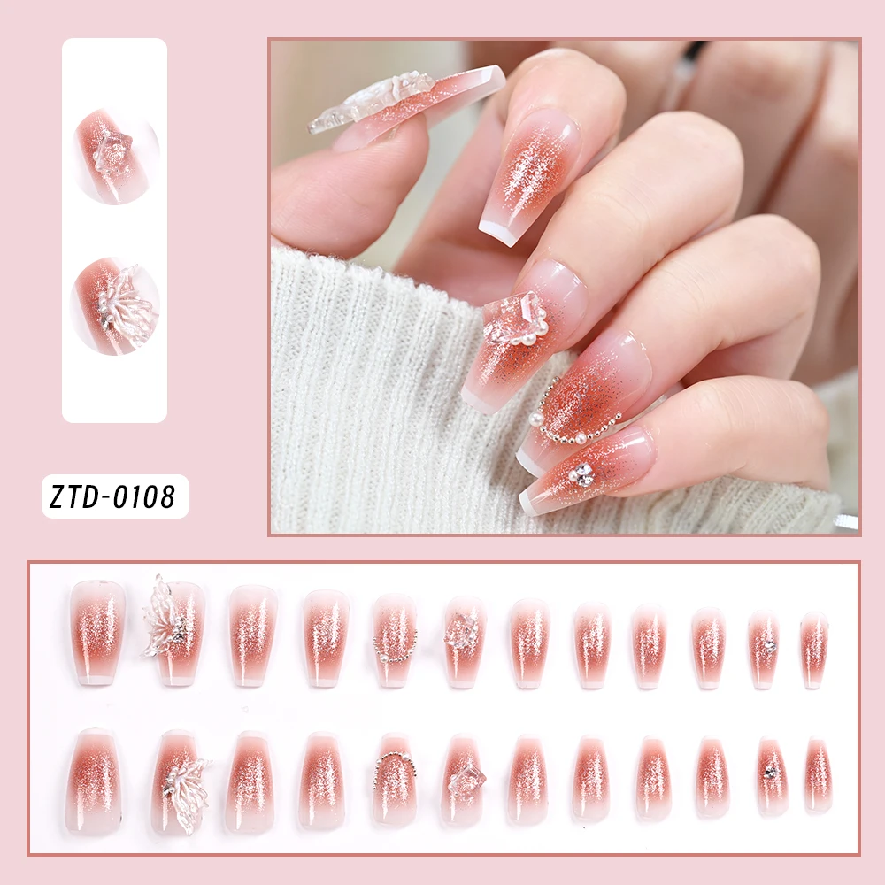 24 Stück mittelgroße, quadratische, handgefertigte Nägel zum Aufdrücken, vollständige Abdeckung, Schmetterlings-Strass-Kunstnägel, künstliche tragbare Maniküre-Nagelspitzen