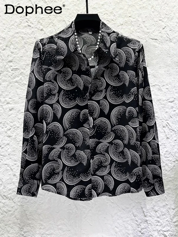 

2025 Spring Summer New High-end Shoulder Pads Chic Tops Male Fashion Retro Pattern Long-sleeve Shirts Men's Trendy Chiffon Shirt