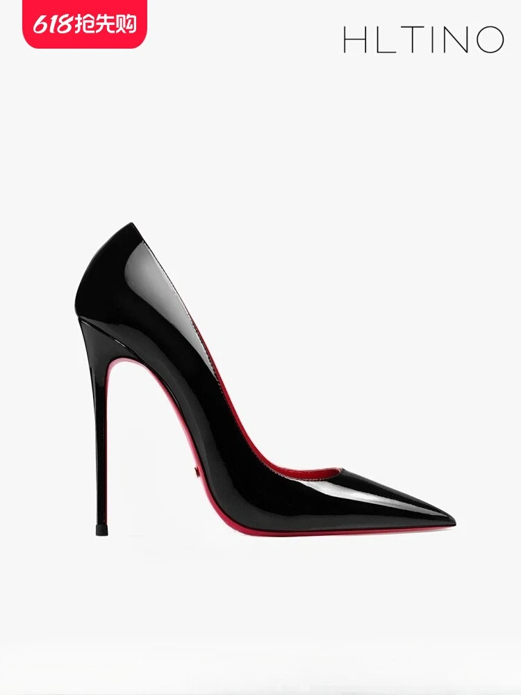 

2025 early spring new leather black patent leather pointed high heels for women, slim heels, sexy red sole work order shoes