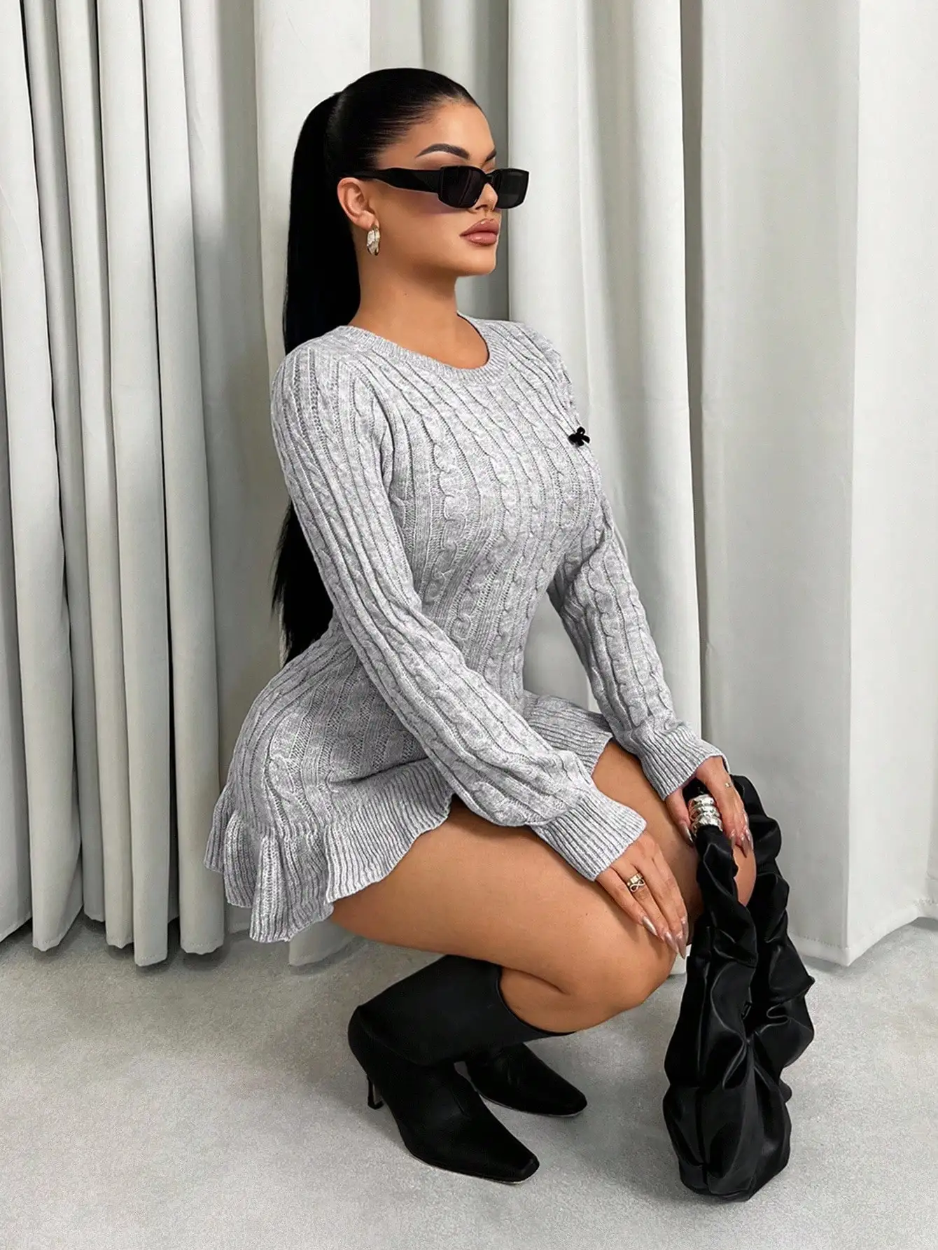 Women's Sweater Dress, Short Length Long Sleeve Round Neck, Gray Cable Knit, Fitted With Ruffle Hem Pleated Skirt