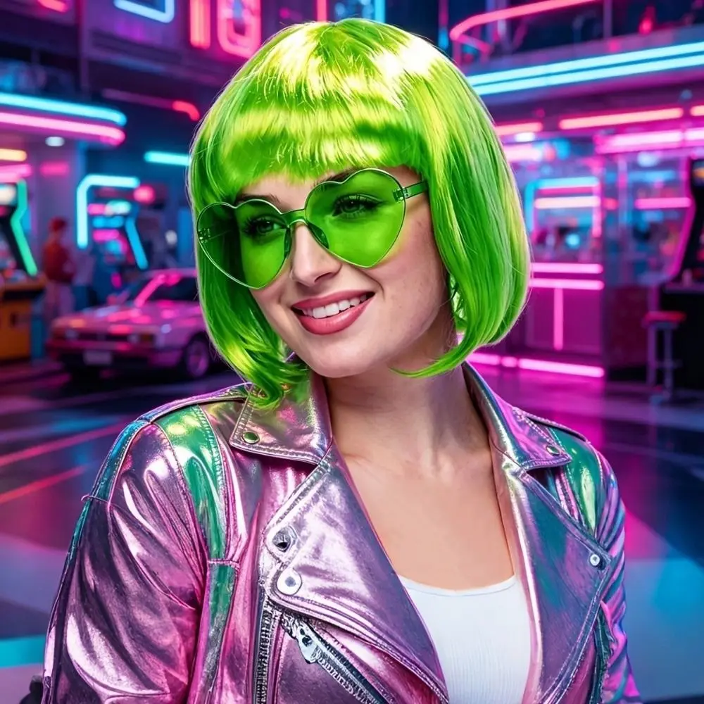 3Pcs Colorful Short Bob Hair Wig Christmas Halloween Cosplay Wig Set Party with Hairnet and Glasses Short Bangs