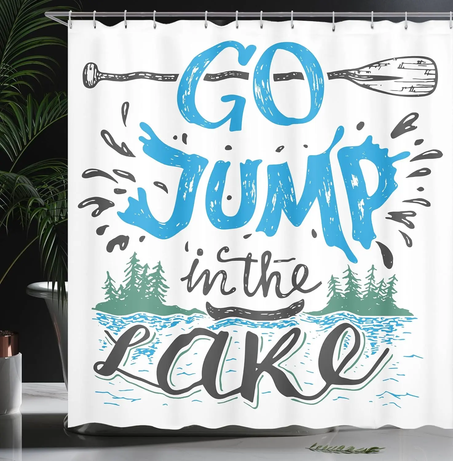 Cabin Shower Curtain, Vintage Typography Inspirational Words Lake Sign Canoe Fishing Sports Theme, Cloth Fabric Bathroom Decor