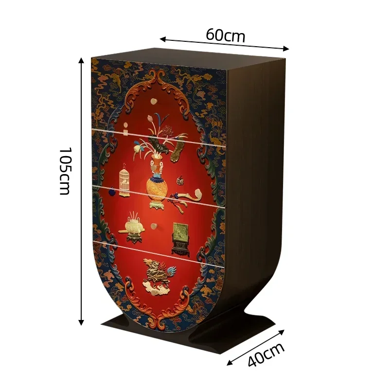 

DD Solid Wood Four-Drawer Treasure Map Lacquer Painting Entrance Decoration Living Room Standing Cabinet Storage Cabinet