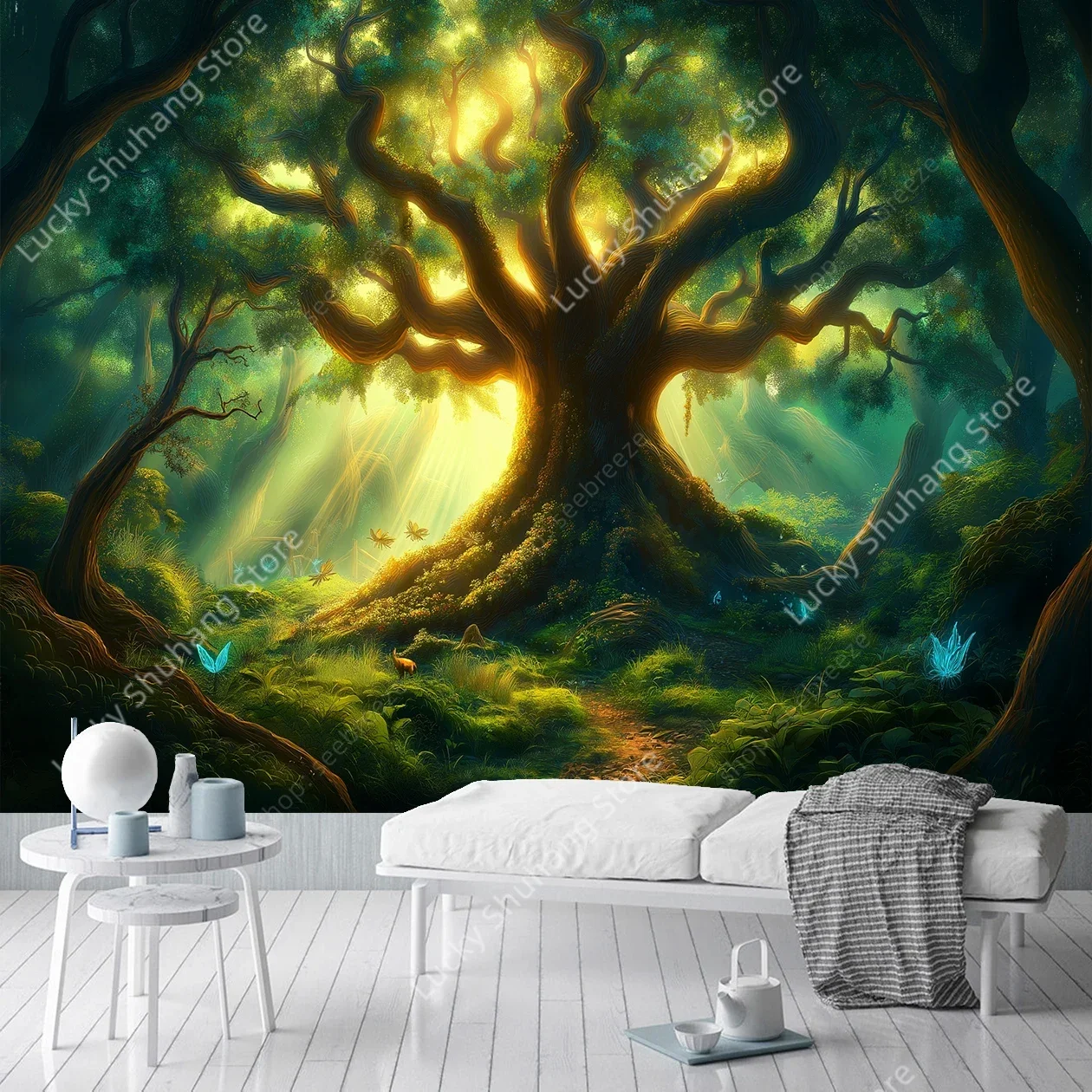 Enchanting Majestic Forest Tapestry Greenery Nature Scene Serene Meditation Wall Decor Harmonious Encounter Tranquil Ambiance