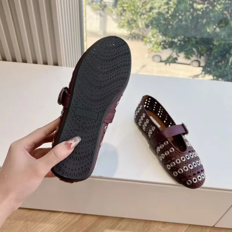 Designer Brand Original Mesh Buckle Strap Ballet Shoes Rhinestone Flat Shoes Fishing Net Shoes Mary Jane Shoes Rivet Hollow