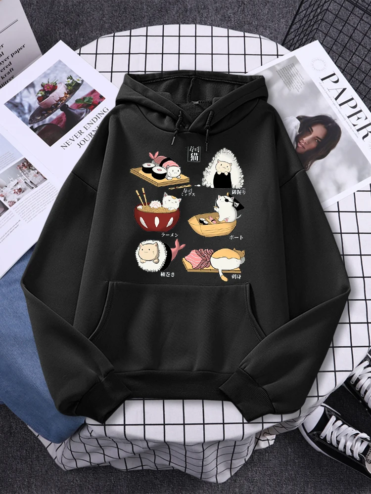 Sushi Katzen Tag Harajuku Gedruckt Hoody Damen Mode Kleidung Herbst Fleece Sweatshirt Casual Rundhals Weibliche Streetwear