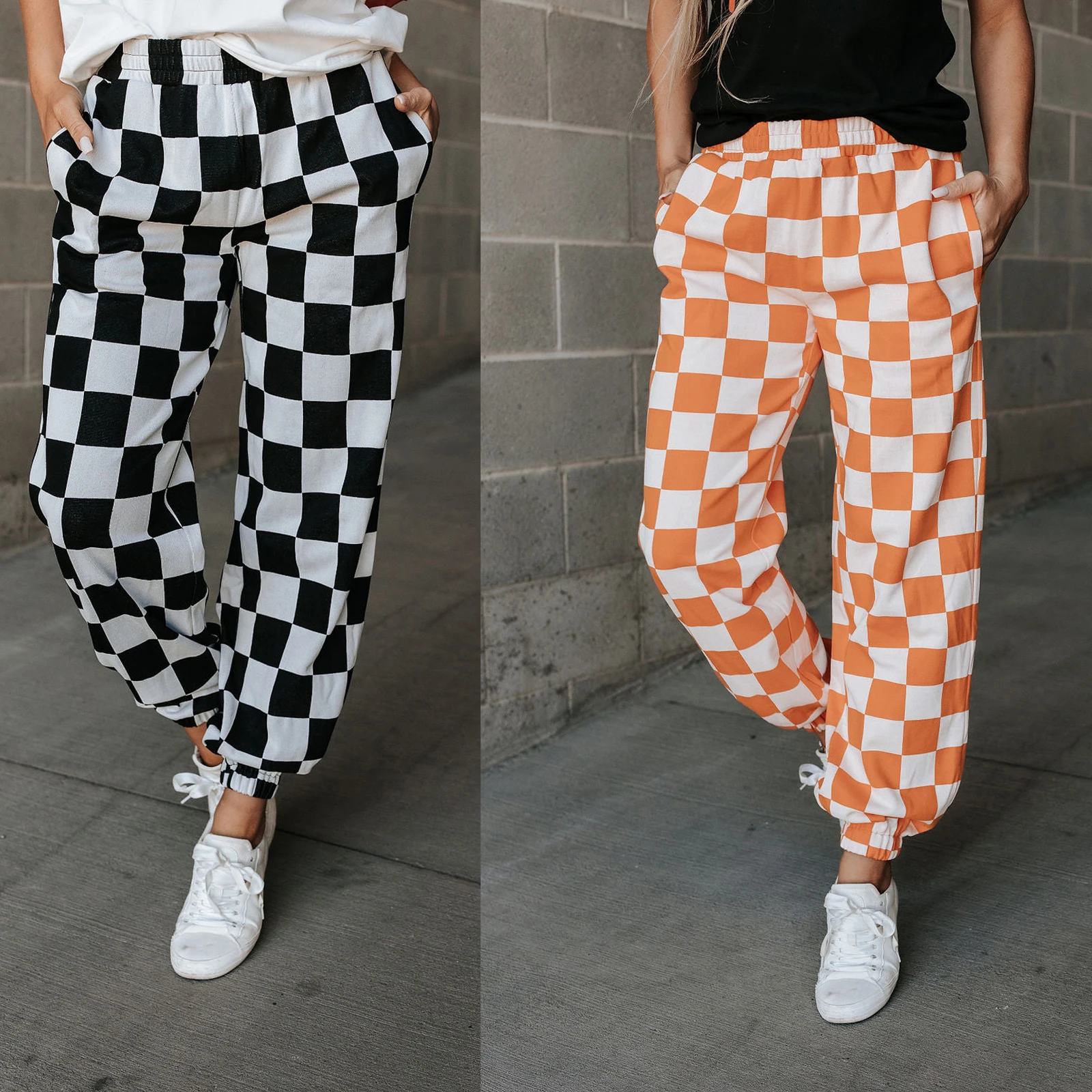 สตรี Checkered Cargo กางเกงเอวยางยืดสีบล็อก Gingham หลวม Jogger กางเกง Streetwear