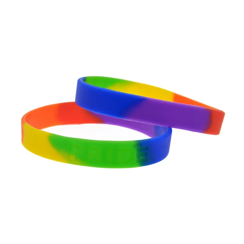 50 Pcs Debossed Pride Silicone Rubber Wristband Rainbow Color Bangle Women and Men Gift Bracelet