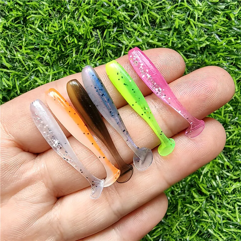 MUKUN 20 piezas Micro Señuelos de Pesca blandos 0,35g/35mm cola en T señuelo de gusano pequeño cebo Artificial Jig Wobblers lubina aparejos de pesca