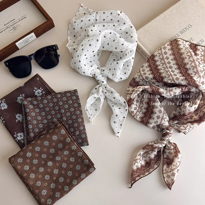Square Scarf Brown Polka Dot Floral Small Women Spring Summer New Versatile Bag Hair Neck Lightweight Soft Chiffon
