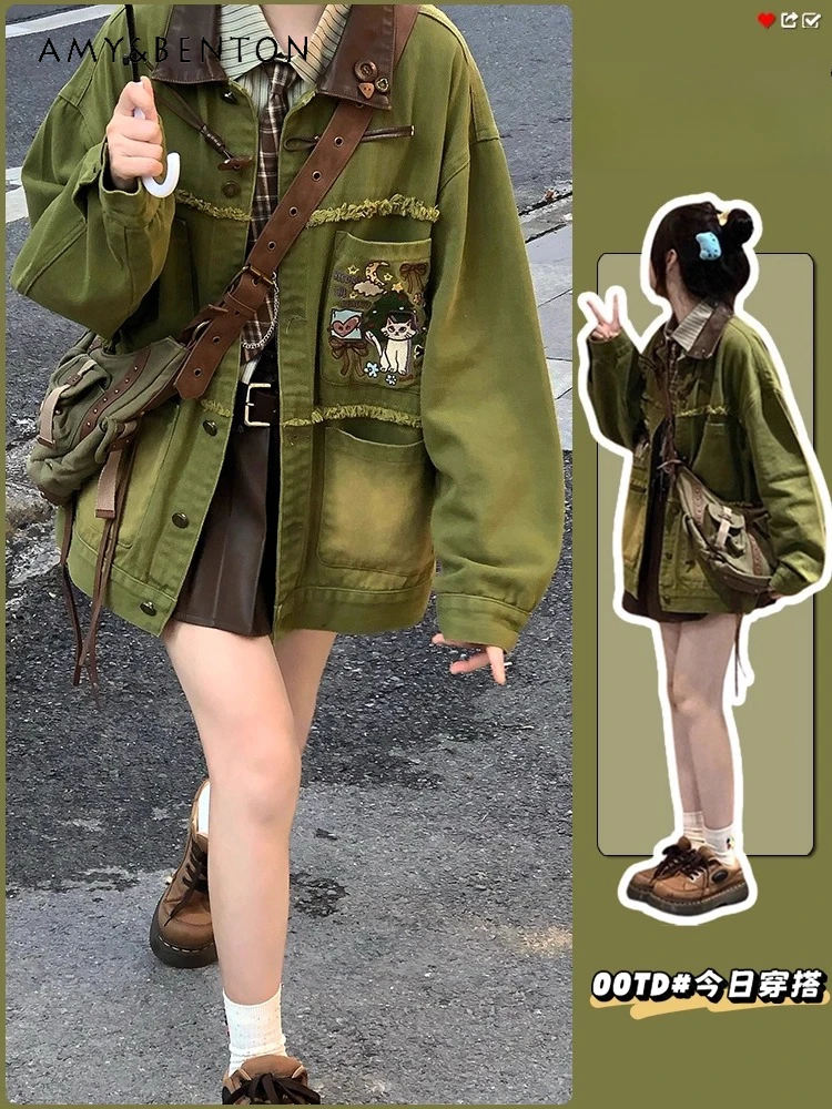 

2025 Spring and Autumn American Retro Style Avocado Green Patchwork Denim Jacket Women's Loose Blue Casual Daily Jacket
