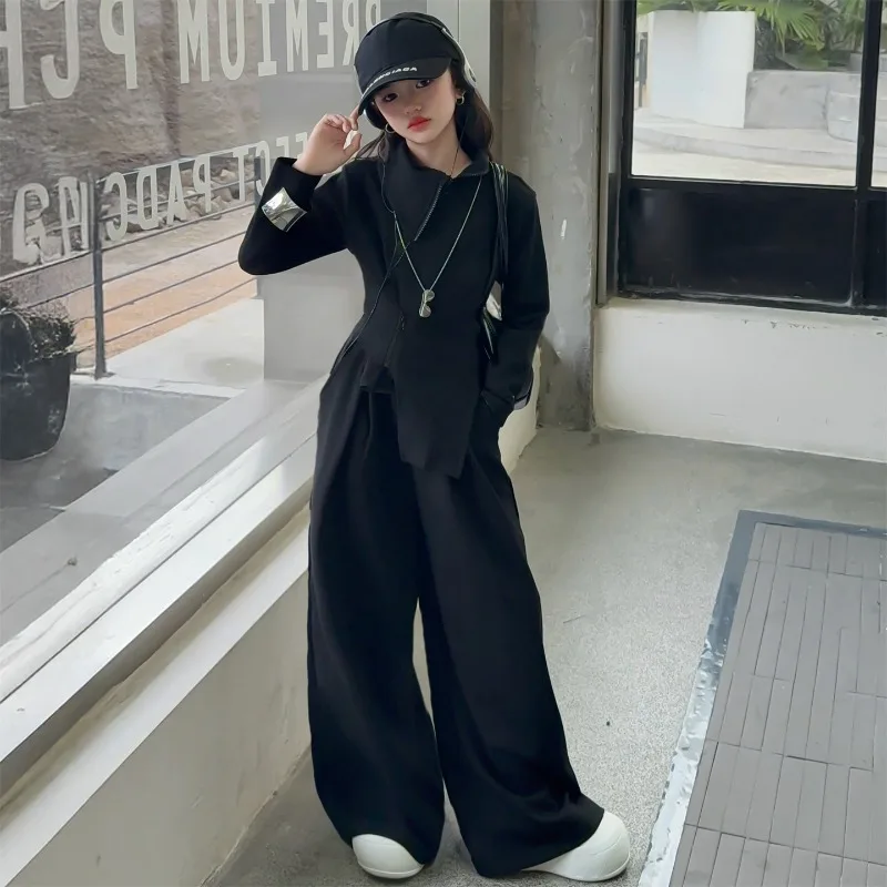 

Girls' Design Set Autumn Fashion 2025 New Children's Oblique Zipper Long Sleeve Top Wide Leg Pants Two-piece Set