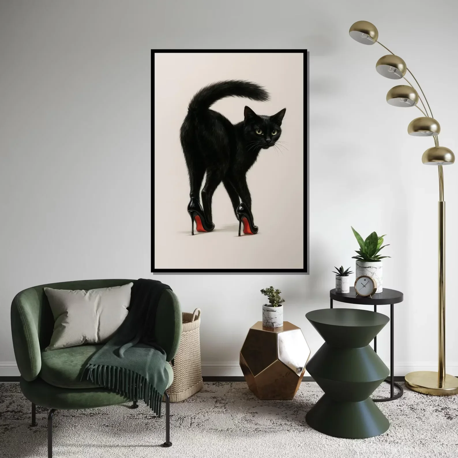 1pc frameless Canvas Painting Black Cat Heels Canvas Art, Cat in High Heels, Quirky Cat Wall Print, Animal Canvas Design,Ready t