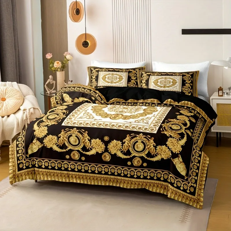 Classical European Luxury Bedding Set Golden Sculpture Floral Print Duvet Cover Vintage Noble Home Bedding Decor