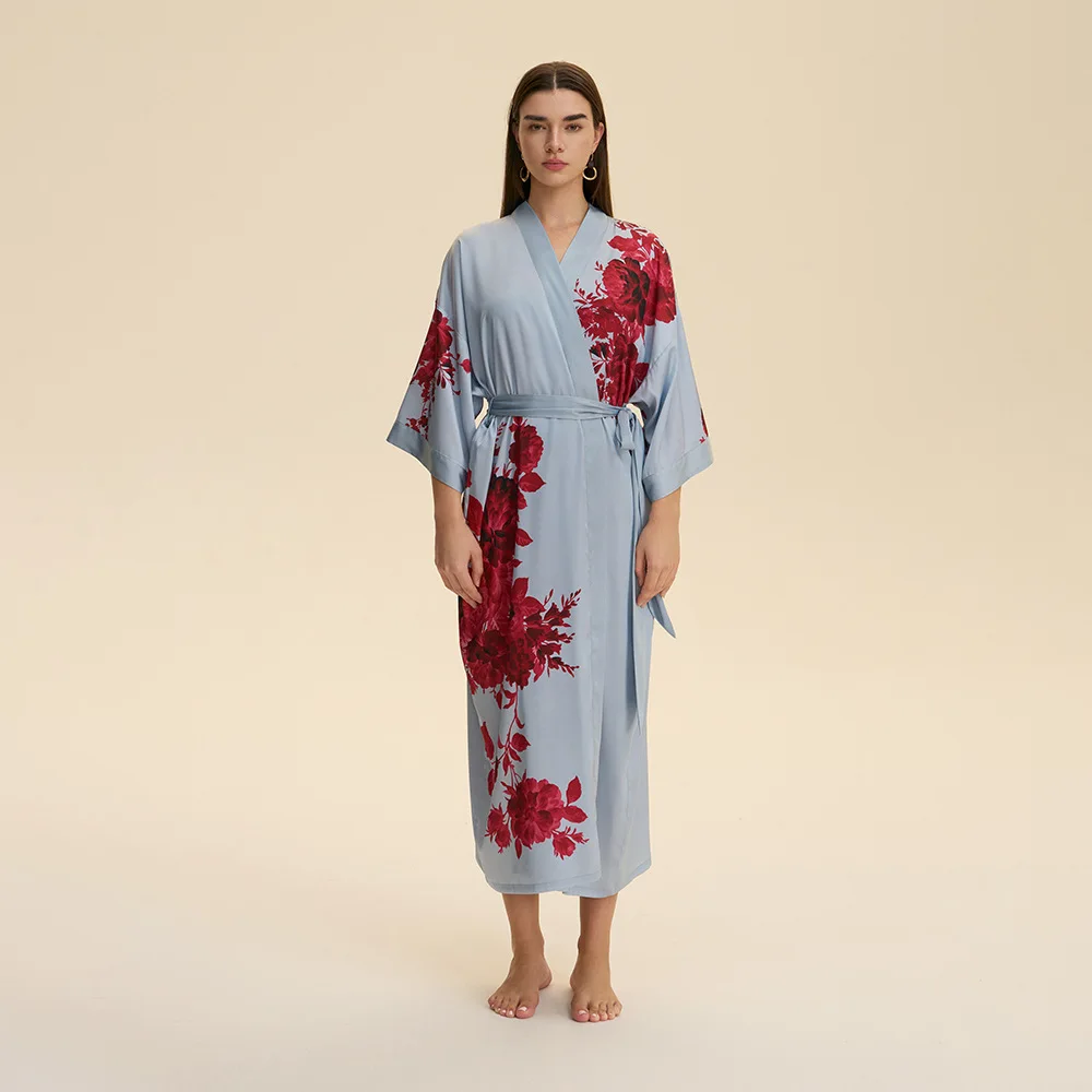 

Женский длинный халат, одежда для сна с цветочным принтом, кимоно, халат, весеннее ночное платье, домашняя одежда, повседневная атласная одежда для дома