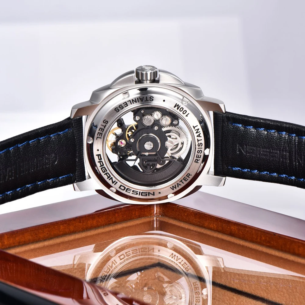 PAGANI DESIGN Orologio sportivo meccanico automatico da uomo Orologio da uomo quadrato in pelle di moda impermeabile luminoso regalo per festival + scatola