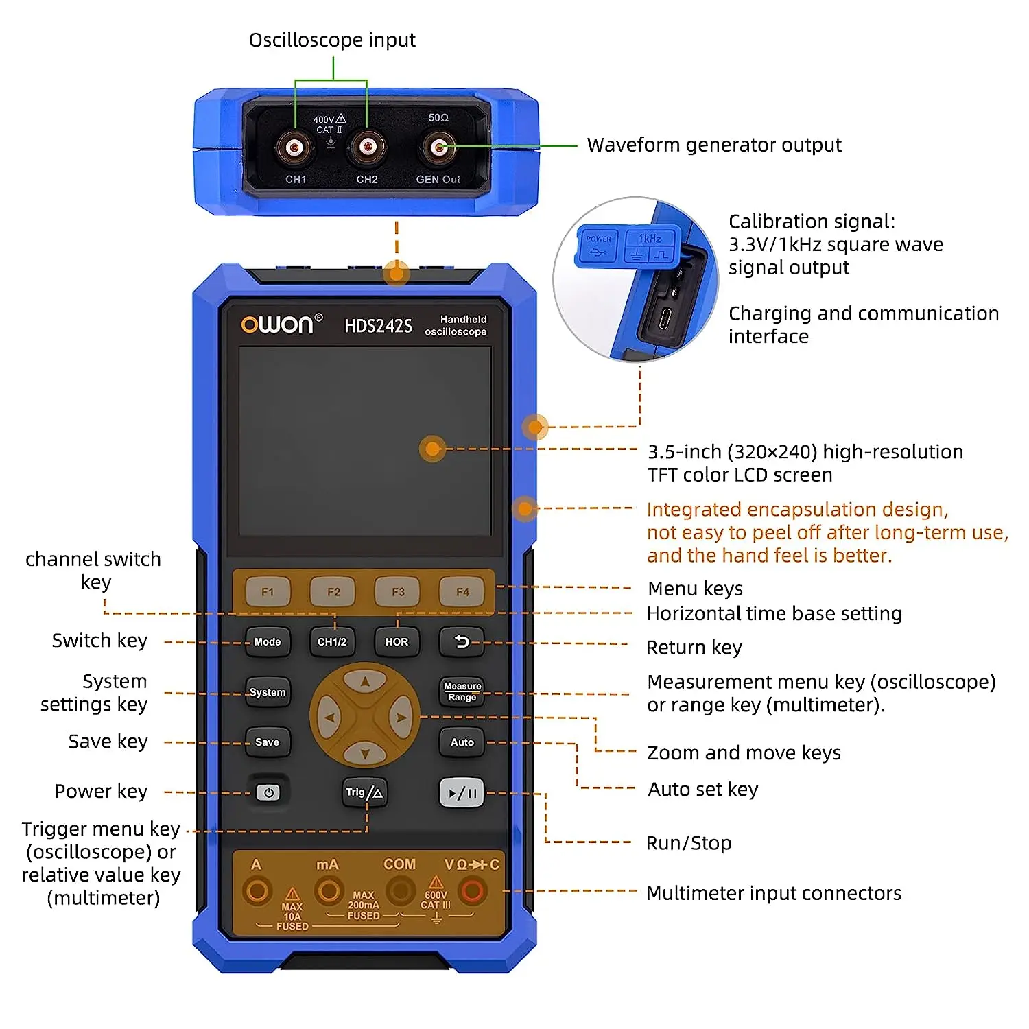 OWON HDS242 /HDS272/ HDS242S / HDS272S Handheld Digital Oscilloscope 2 Channels with 70MHz Bandwidth Digital True-RMS Multimeter