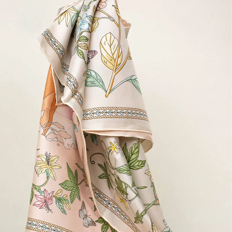 Large Square 100% Silk Scarf Neckerchief Double Sided Floral Printed Silk Shawl for Women Fashion Scarves 35