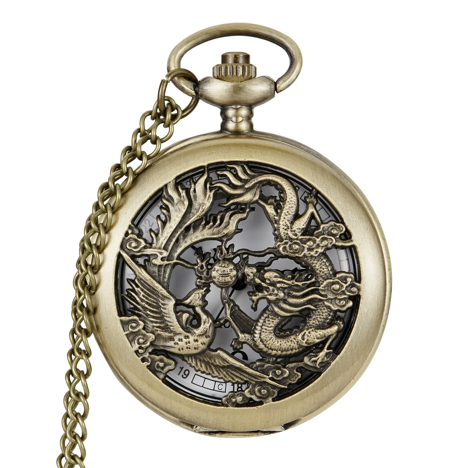 New Retro Quartz Pocket Watch Dragon Play Ball Steampunk Skeleton Hand-wind Flip Clock Fob Watch With Chain Double Hunter Gift