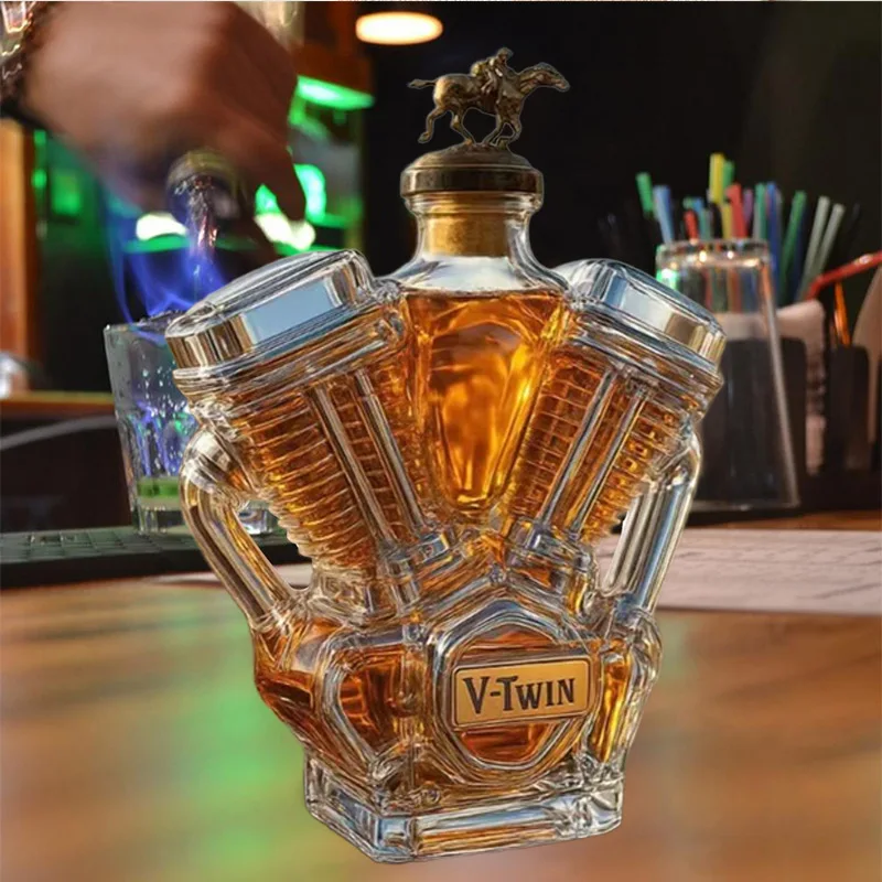 زجاجة ويسكي موستانج من زجاج البورسليكات العالي زجاجة محرك الدراجة النارية على شكل حرف V زجاجة ويسكي بمحرك مزدوج زجاجة زجاجية جديدة #4