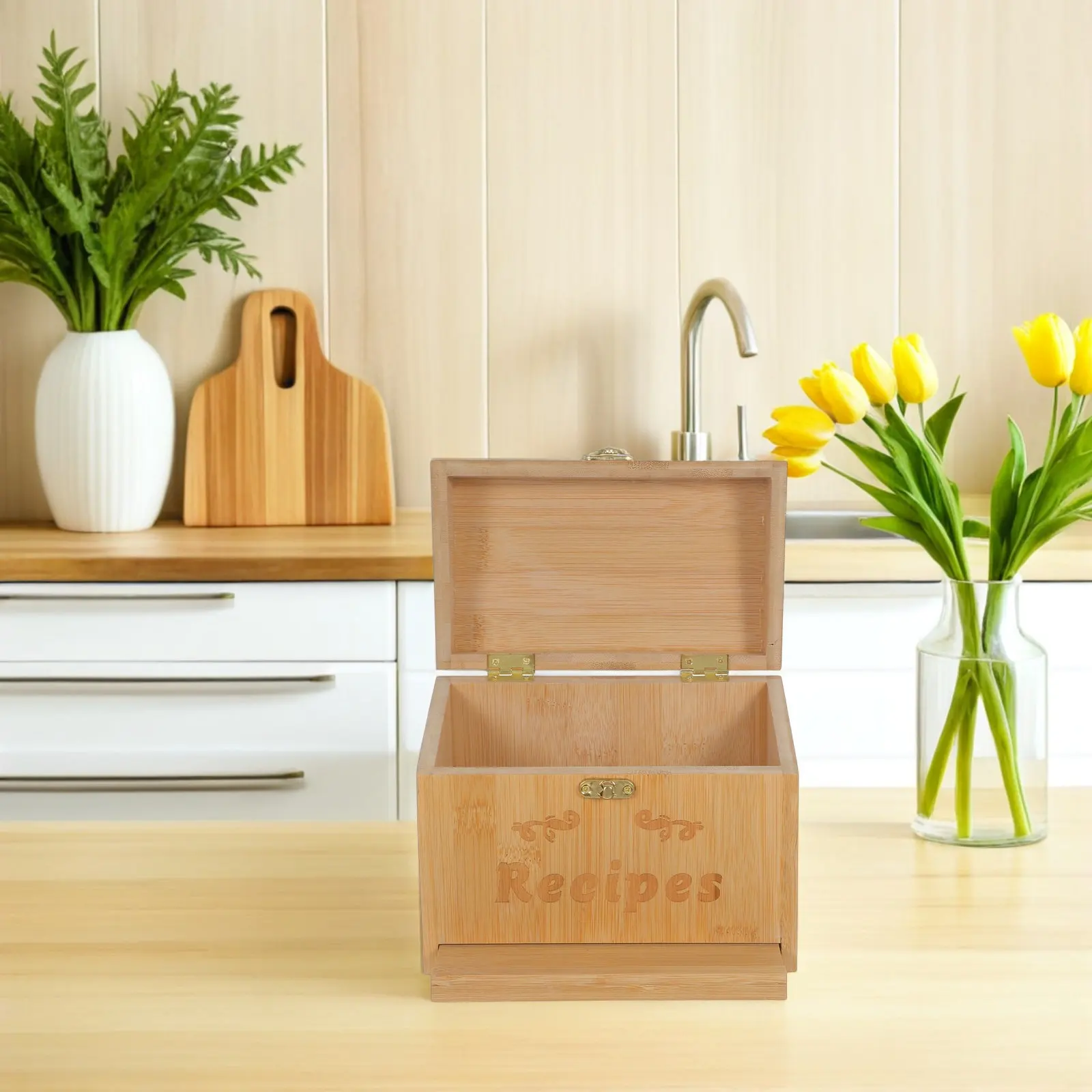 Wooden Recipe Card Holder Box 10 Cards Phone Stand Multifunctional Organizer for Cooking Kitchen Countertop Dustproof