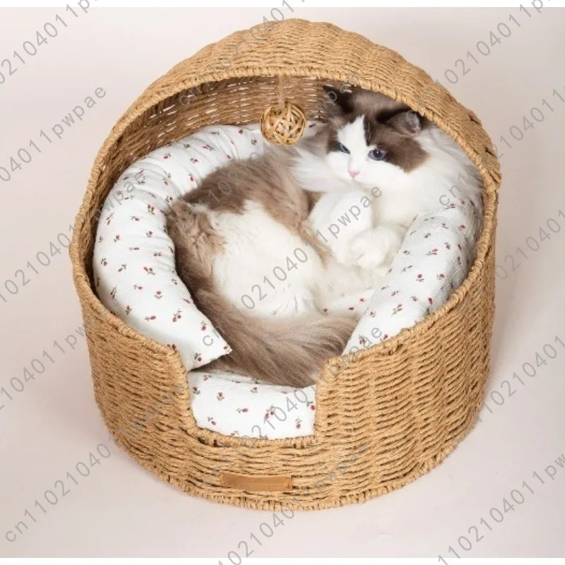Cat Bed for All Seasons Summer Cat Bed Semi-Enclosed Wicker Cat Bed Simple Floral Pattern