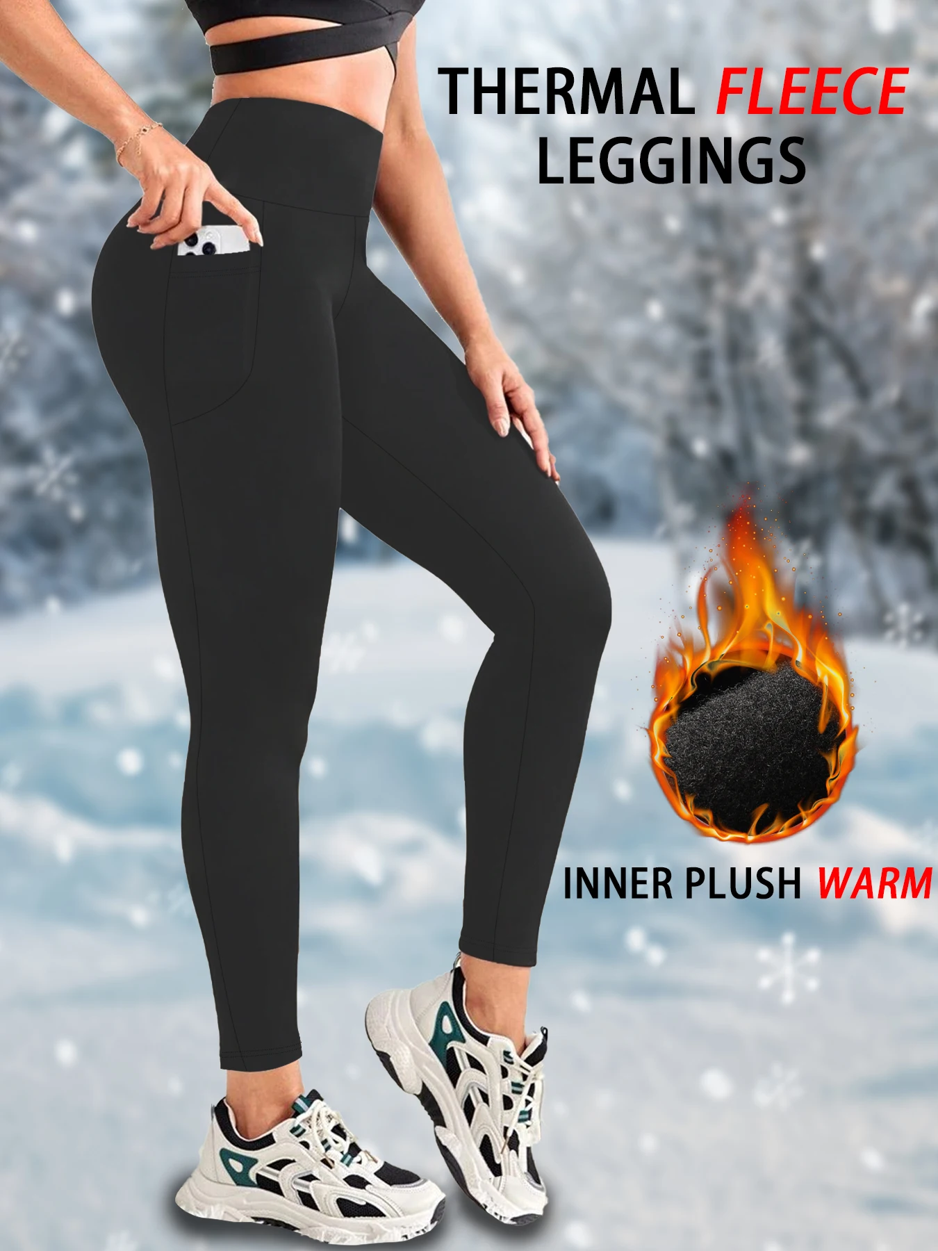 Womens Thermal Fleece Lined High Waisted with pockets Leggings, Workout Winter Warm Tights Soft Yoga Running Pants