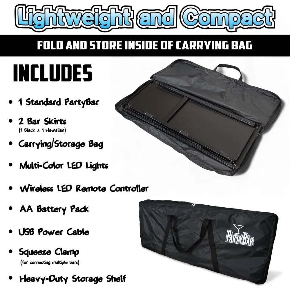 portable folding bar with led lights, wireless remote, dual bar skirts, storage shelf, and carrying case - black for outdoor ent